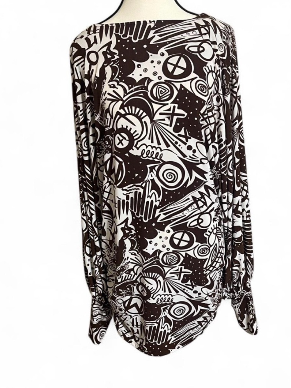 Marc Bouwer Vintage Dress SzL Brown/Tan Abstract Print Long Balloon/Puff Sleeves